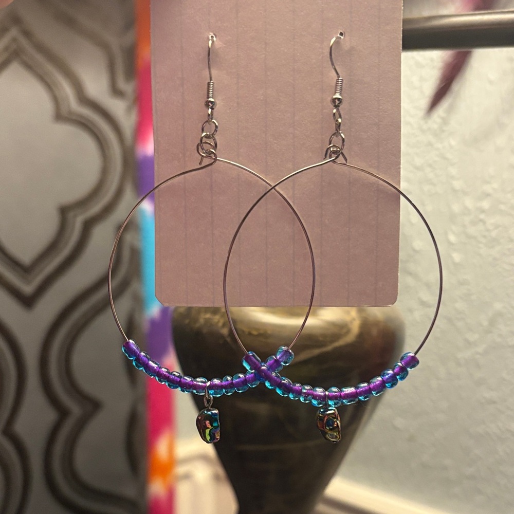 Elegant Purple and Blue Beaded Hoop Earrings